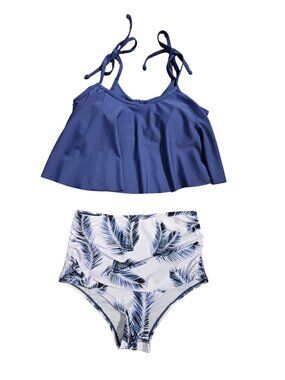 NWOT | Slate Blue Flounce Tankini Top & Palm Leaf High Waisted Bikini Set Small